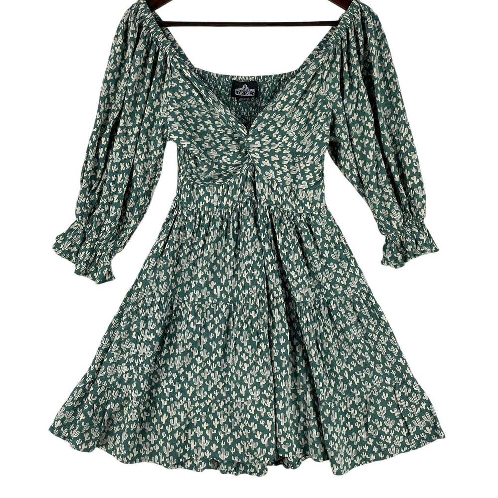 Angie Womens Cactus Print Mini Dress SZ L Green Smocked Puff Sleeve Western